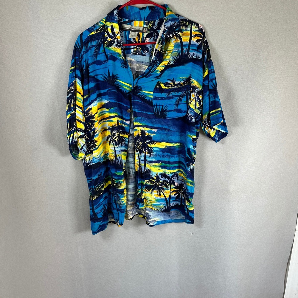 VTG Ocean Current Shirt Mens Large Blue Tropical Palm Tree Rayon Button-Up
